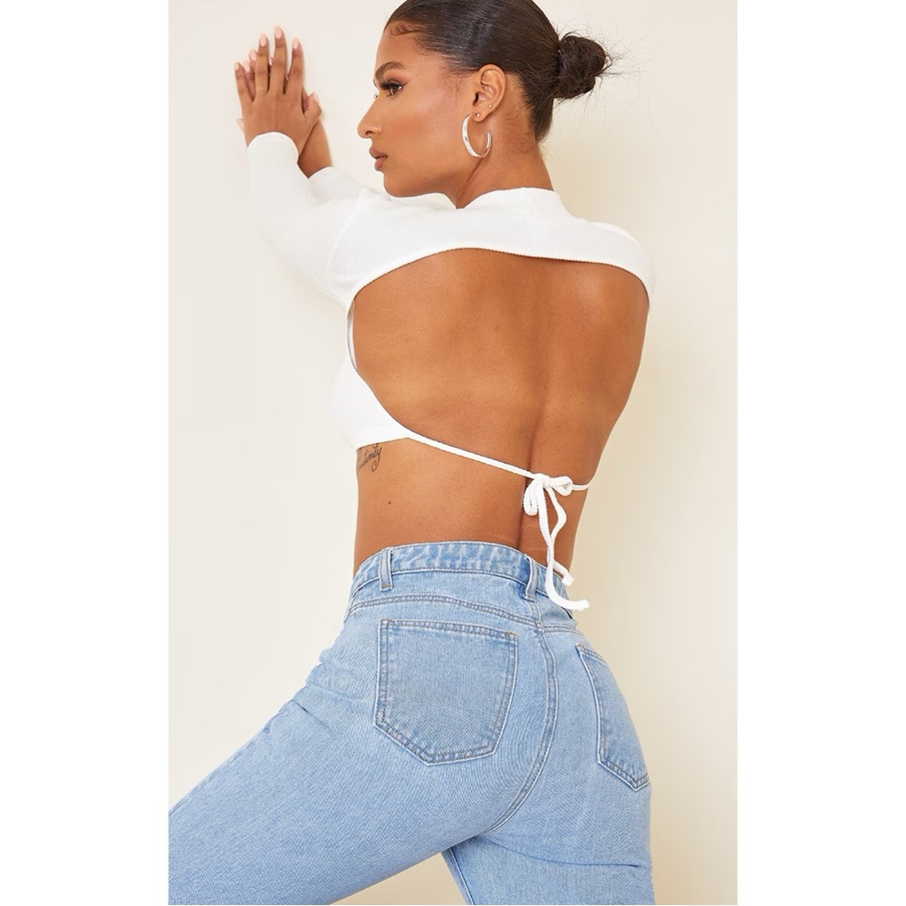 BLACK Turtle Neck Open Back Ribbed Long Sleeve Crop Top